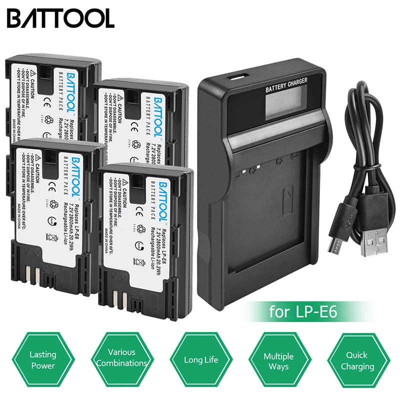 BATTOOL LP-E6 LP E6 батарея зарядное устройство комплект 2600 мАч 7,2 В для камеры Canon 7D Mark II для EOS 60D 70D 80D для EOS 5D Mark II