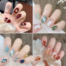 

24Pcs Short Round Head Fake Nails Press On Nails Cute MilkTea Color Shiny Blooming Gradient Artificial Nail Tips With Glue