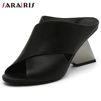 

SARAIRIS Concise Stripped Runway Show Mules Women Summer Genuine Leather Mules Ladies Brand Design High Strange Heels Shoes