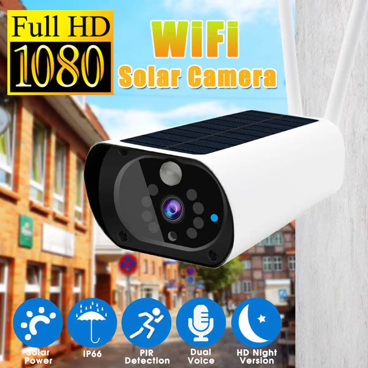 

Solar WiFi IP Camera 1080P Outdoor Surveillance Cameras Dual Antenna Night Vision Wireless Security Camera Battery Charge PIR