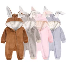 

Baby Bodysuit Winter Fleece Thicken Warm Romper Cartton Rabbit Ear Hooded Plush Jumpsuit for Kids 3-24 Month Newborns Clothes
