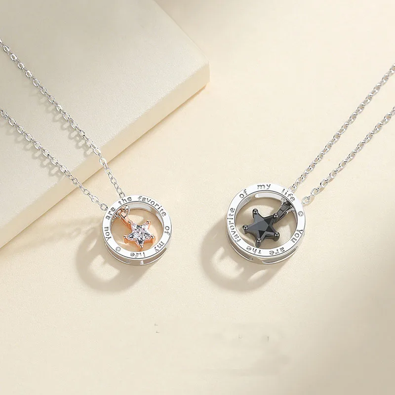 

S925 Sterling Silver Romantic Couple Necklace Mini Star Rhinestone Pendant Necklace Clavicle Chain Circle Pendant Jewelry Gift