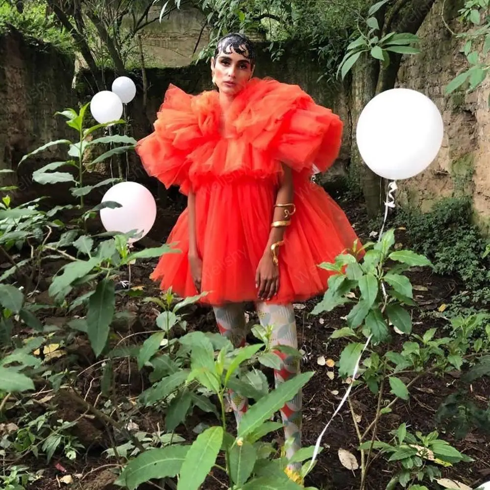 Orange Extra Puffy Mini Tulle Dresses Women 2020 Ruffle Sleeves Short Party Tulle Dress Fashion Photo Shoot Custom Made