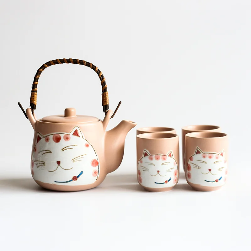 Оранжевый TANGPIN керамические чайники с 4 чашками lucky cat фарфоровый чайный набор Maneki Neko китайский чайный набор посуда для напитков - Цвет: Оранжевый