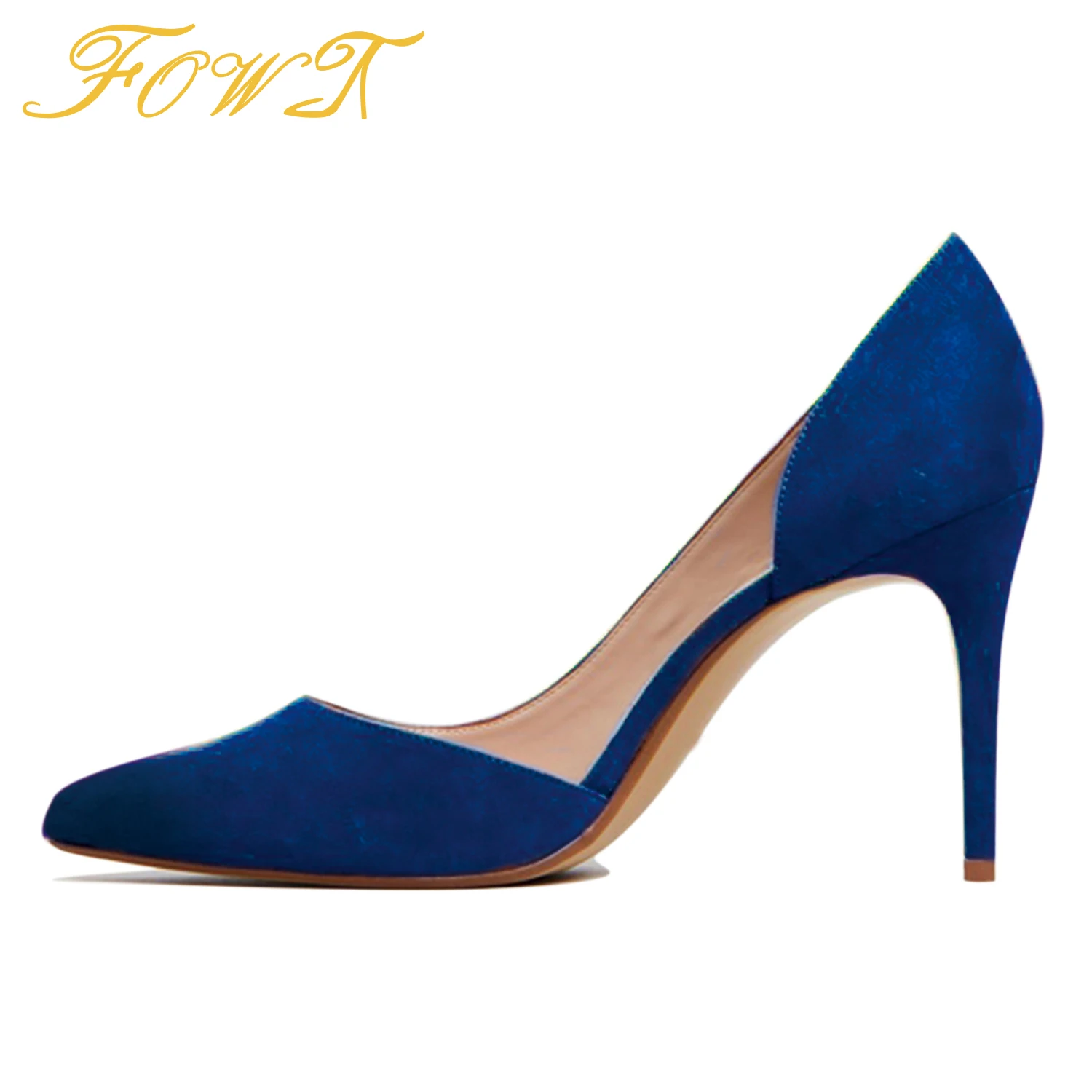 

Blue High Thin Heel Women Pumps Suede Pointed Toe D’Orsay&Two-Piece Shallow Ladies Fashion Concise Shoes Large Size 15 16 FOWT