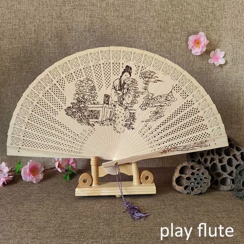 play flute Деревянный в китайском стиле резьба печать ретро леди складной веер старинные изделия и народное ремесло вентилятор 1 шт. дерево для древесины полые винтажные - Цвет: play flute