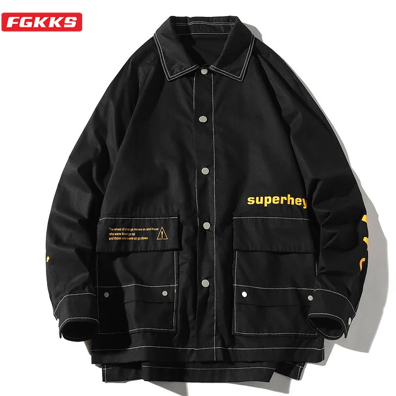 

FGKKS Brand Men Jackets Autumn Youth Men's Fashion Jacket Coats Turndown Collar High Street Multi Pocket Coach Jackets Male