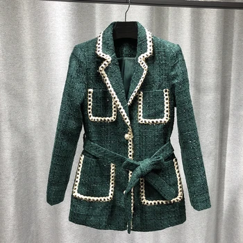 

Jaket Women New Autumn 2020 Short A Belt Temperament Dark Green Pocket Delicate Elegant Jackets Women