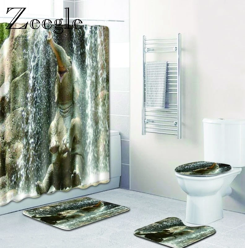 Zeegle Elephant Pattern Shower Curtain with Toilet Rug Non-slip Bathroom Shower Mat Foot Rug Washable Floor Mat Toilet Doormat