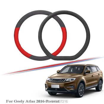 

Car Steering Wheel Cover Black Red Drilled Suede Breathable Leather Universal Fit for Geely Atlas 2016-2020