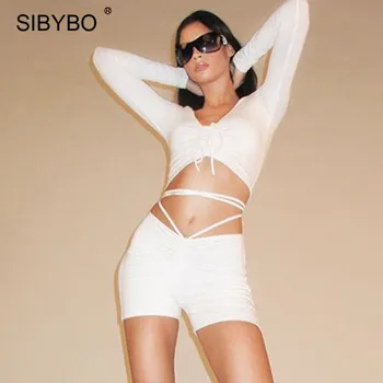 

SIBYBO Sexy Bandage Tank Top Shorts Set Women Outfits 2020 Autumn Long Sleeve Matching Sets 2 Piece Activewear Casual Tracksuits