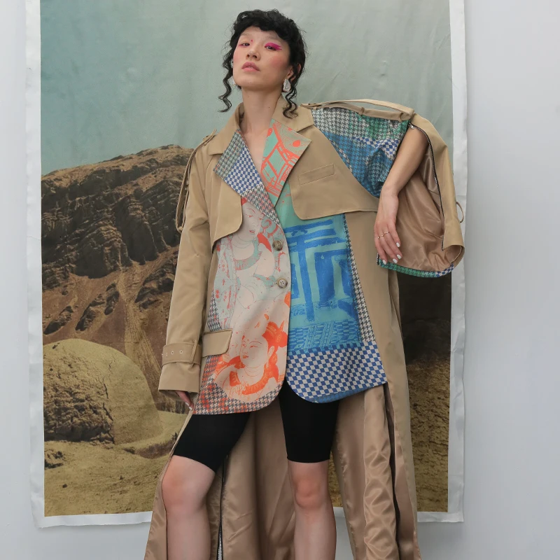 

DEAT Autumn And Winte Turn-down Collar Patchwork Printed Maps Batwing Sleeves Waist Belt Female Trench Coat Loose L203