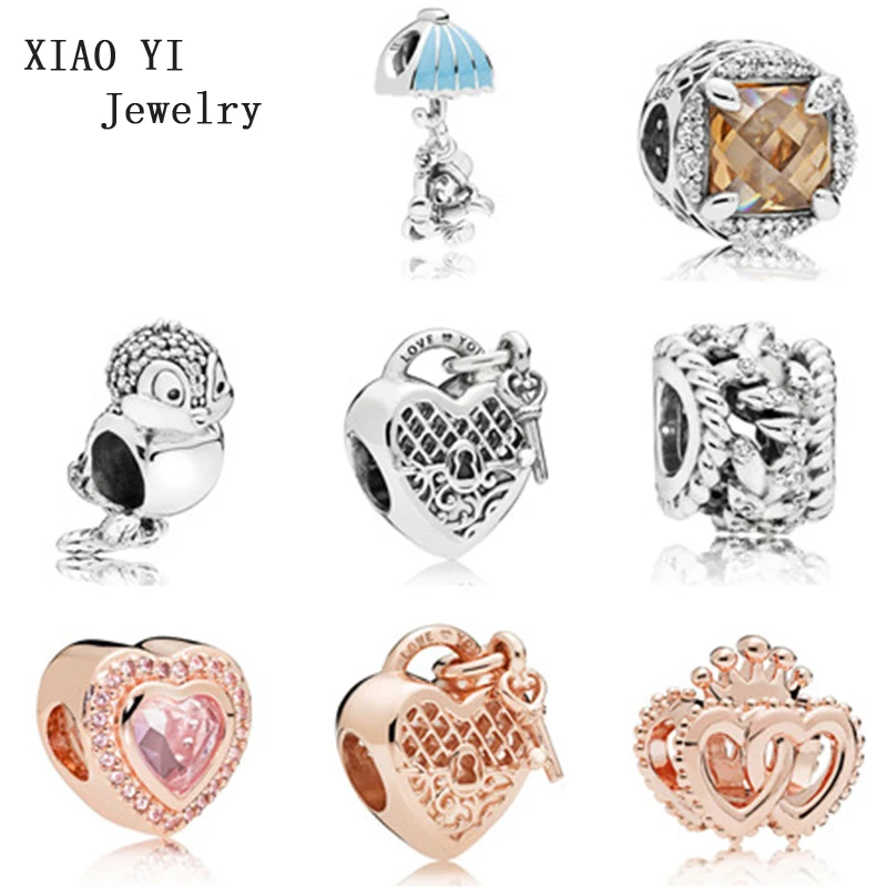 XIAOYI Стерлинговое Серебро 925 пробы, парашют, крикет, птица, шарм, замок, шарм, роза, переплетенная корона, сердце, шарм, сердце, шарик