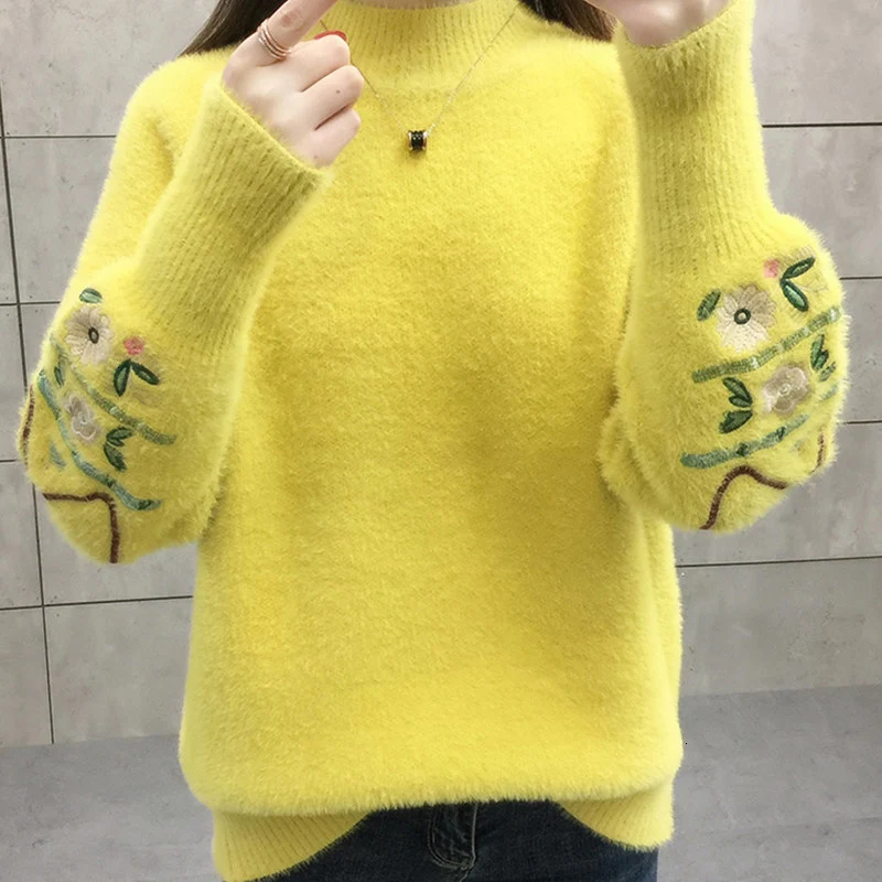 

Autumn Winter Half Turtleneck Sweater Women Clothes NEW Imitation Mink Cashmere Embroidery Knitted Sweater Pullover Female Tops