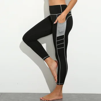 

Solid Pants High Waist Leggings Fitness Women Training Side Pocket Trousers Girls Female Sexy Slim Black Gray Patchwork