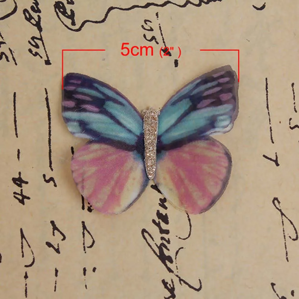 Simulation Butterfly Series) Blue Green Transparent Belt Bright Powder Organza Double Layer Butterfly about 5x4 cm-1 Group of 2