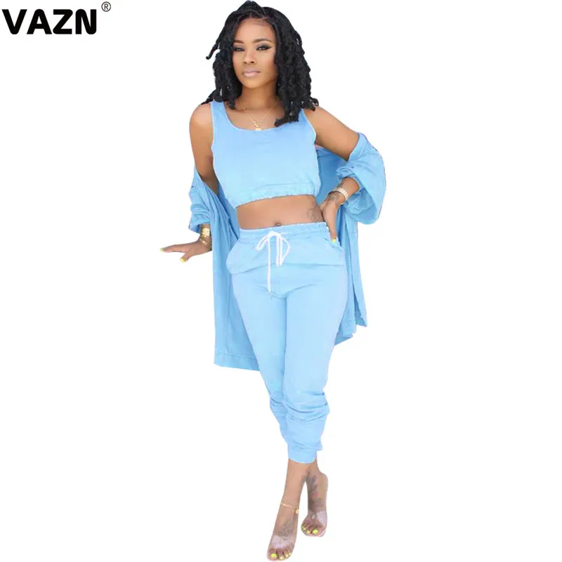VAZN 2020 Top Quality Office Regular Sexy Fresh Daily Solid Full Sleeve Cloth Mini Tank Long Pants Slim Women 3 Piece Set |
