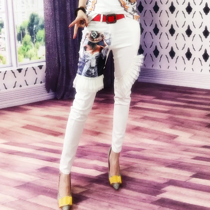 Стрейчевые белые джинсы женские вышитые кружева Бисероплетение обтягивающие