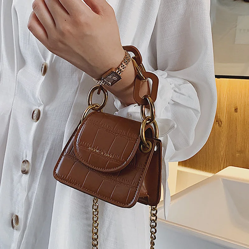 

Stone Pattern PU Leather Crossbody Bags for Women Thick Chain Design Shoulder Messenger Bag Lady Mini Tote Lipstick Handbags