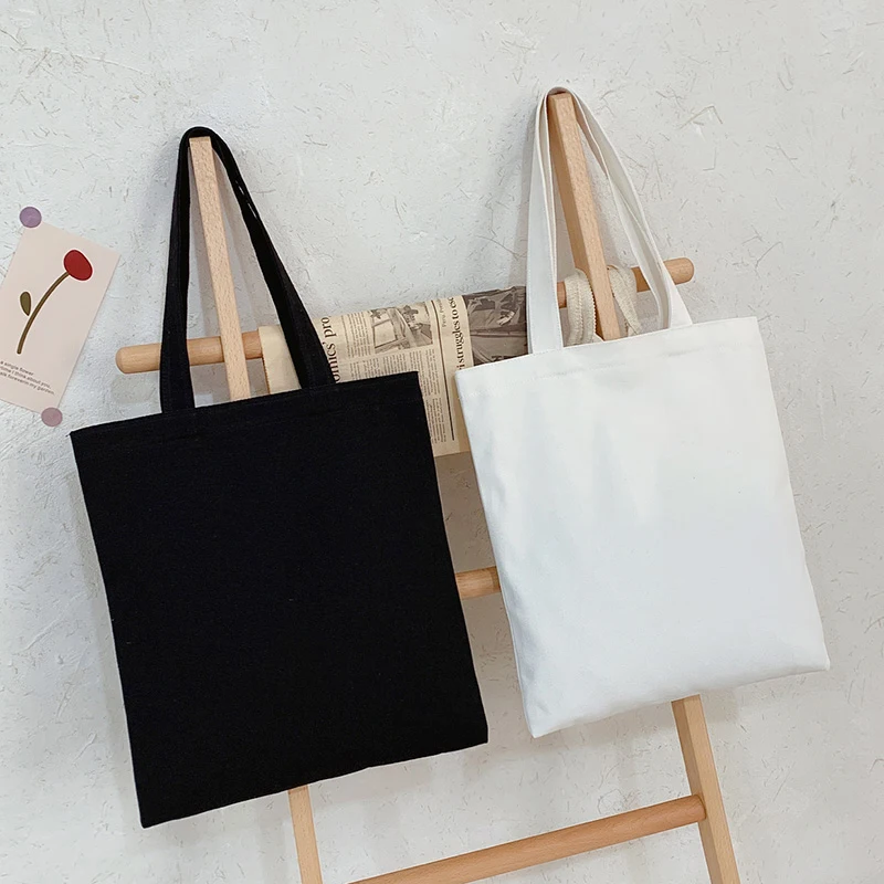 Fashion Solid Color Canvas Bag With Zipper Harajuku Female Tote Shopping Bag College Black White Original Shoulder Bag Daily Use
