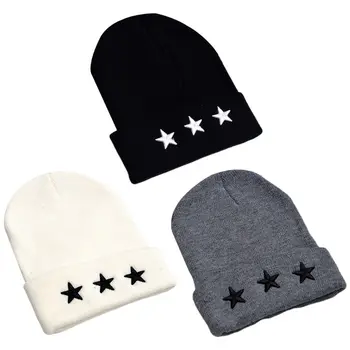 

Women Men Winter Knitted Cuffed Hat 3D Five-Pointed Star Embroidery Hip Hop Dacning Outdoor Beanie Cap Solid Color Ear Warmer
