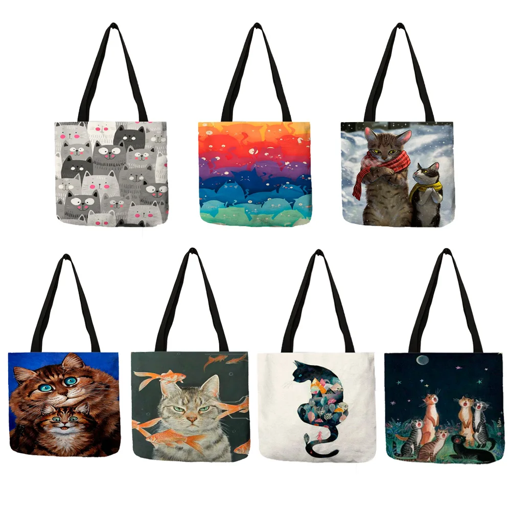 Custom Creative Cat Oil Painting Print Tote Bag For Women Lady Casual ...