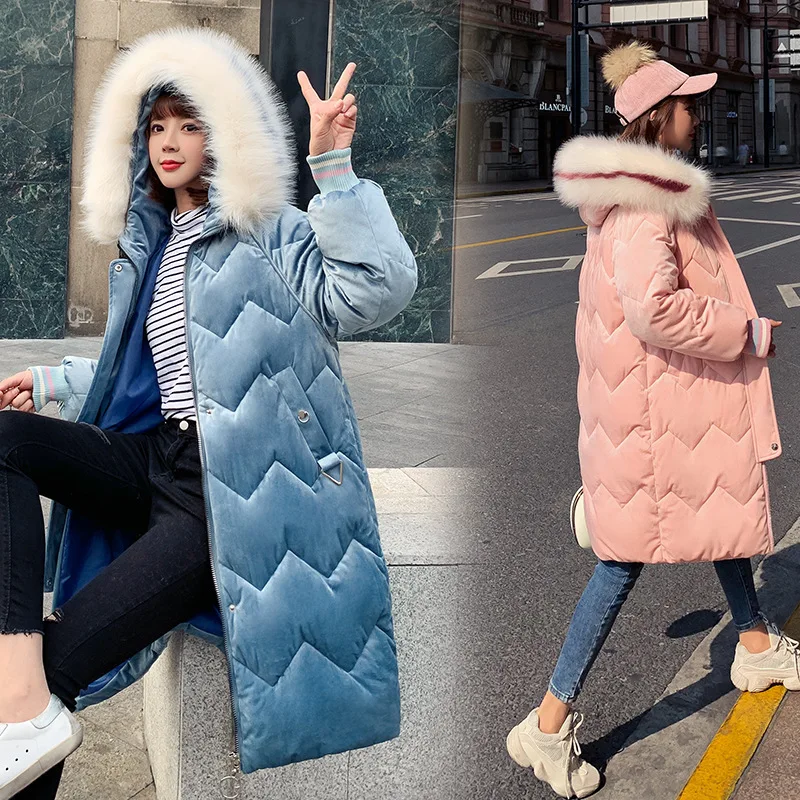 

Cold Protective Clothing 2019 New Style Winter Europe And America Loose-Fit Gold Velvet Hooded Mid-length Cotton-padded Clothes