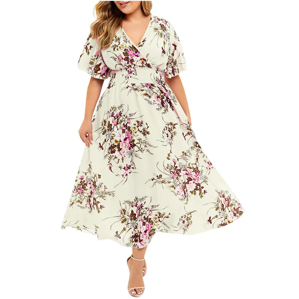 Vestidos bohemios de chiffon con falda escalonada y escote en V profundo Papaya Tallas Grandes