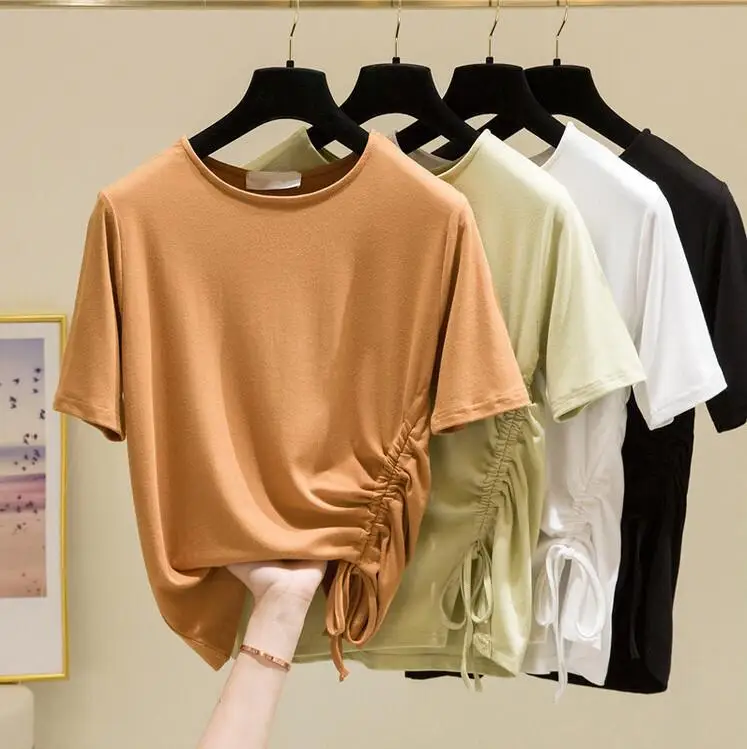 

Short-sleeved T-shirt Women's Spring and Summer New Self-cultivation Super Hot Drawstring Fold Design Sense Cotton Top