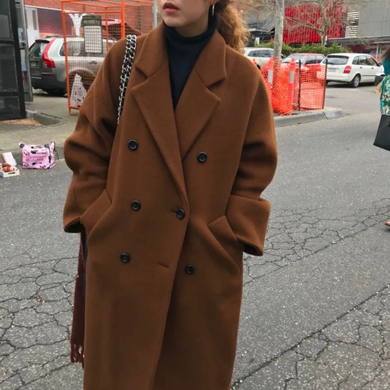 

Oversized Korean Autumn Winter Woolen Coat Female Double Breasted High Street Casual Long Women Coat Thick Manteau Femme Hiver