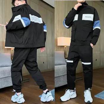 

Hip Hop Two Pieces Set Mens Tracksuit Casual Letter Print Suits Loose Stand Collar Sweatshirts Men Jacket+Pants Sets 2020 New