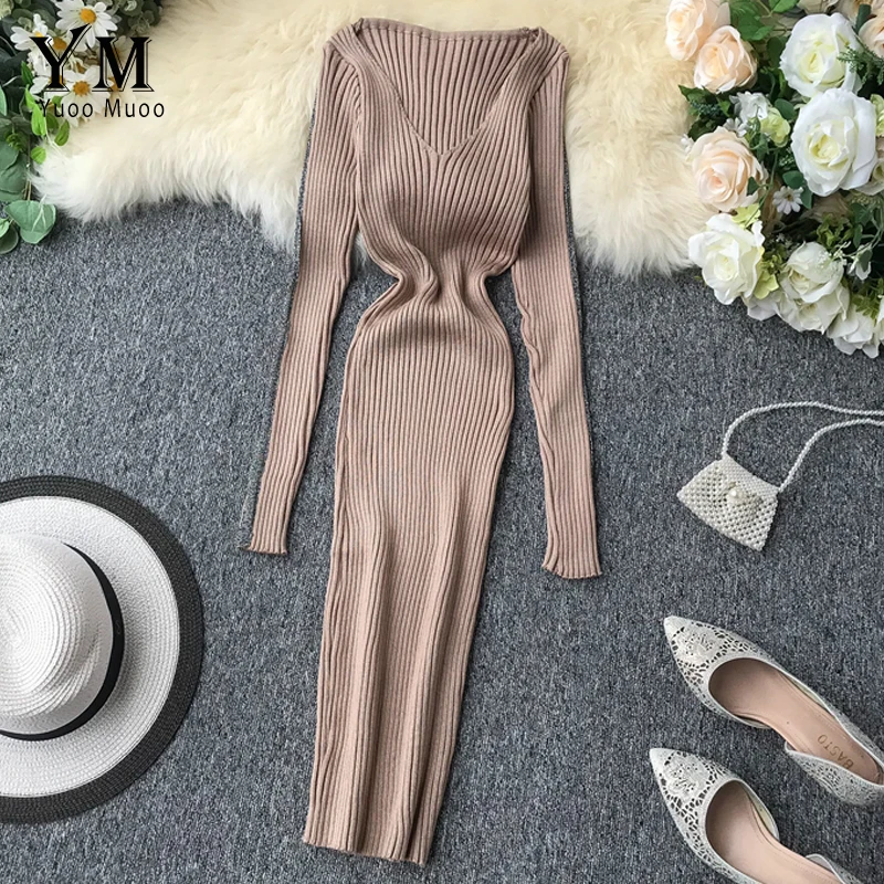 

YuooMuoo 2019 Sexy Deep V Neck Women Bodycon Dress Long Sleeve Slim Autumn Stretch Knitted Midi Dress Ladies Office Work Dresses