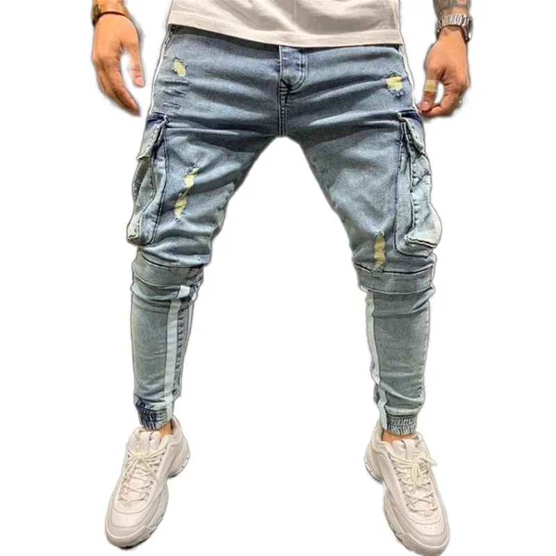 Pantalones vaqueros de estilo Safari para hombre, rasgados, rasgados, elásticos, multibolsillo, con agujeros, color negro