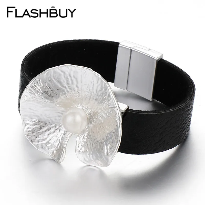 

Flashbuy Flower Metal Charm Pearl Wide Leather Bracelets For Women Simple Black Trendy Wrap Bracelets Party Female Bangles