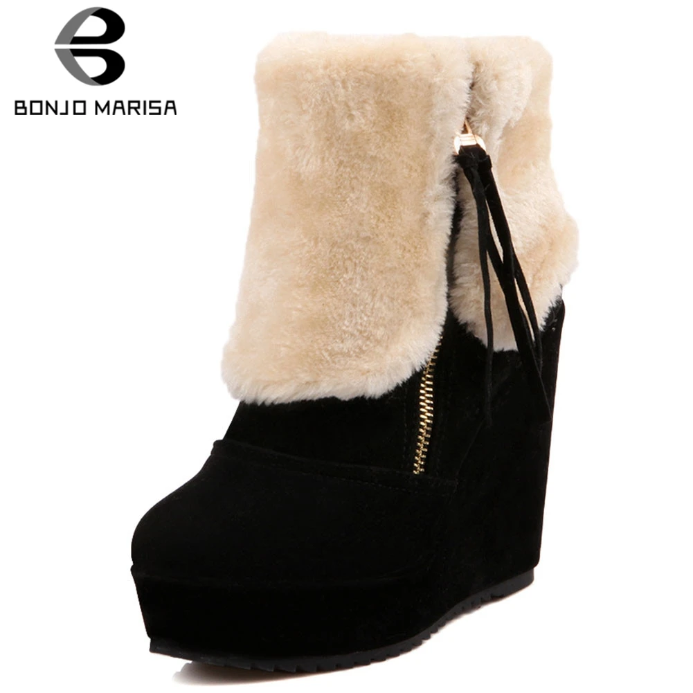 

BONJOMARISA New 11.5 Cm Wedges Ankle Snow Boots Women 2019 Winter Platform Fur Booties Ladies Warm High Heels Shoes Woman