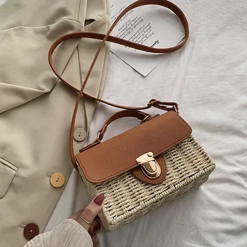 

Patchwork Straw Bags for Women 2020 Fashion Knitted Tote Crosbody Bag Leather Small Messenger Shoulder Bags Purses and Handbags