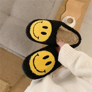 Women Fluffy Fur Slippers Big Smile Floor Slipper Short Plush Fleece Flat For Couple Shoes Black Lady Indoor Slippers 5