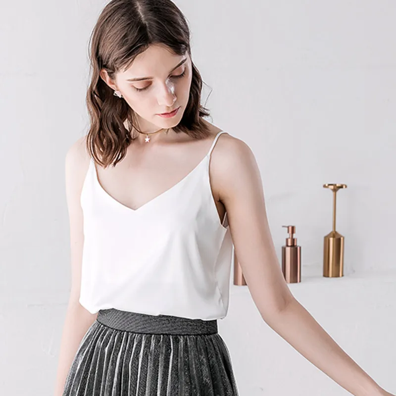 Korean Fashion Silk Women Tops Woman Satin Camis Top Women V-neck Silk Tank Tops Plus Size Woman Sleeveless White Halter Top 3XL