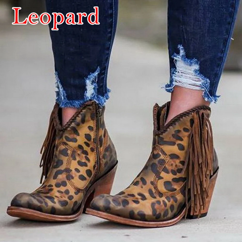 Женская обувь новые модные Леопардовый принт, сексуальный острый носок, полусапоги, без шнуровки, с глубоким v-образным вырезом на высоком каблуке Для женщин ботинки Дамская обувь дропшиппинг - Цвет: Leopard 1