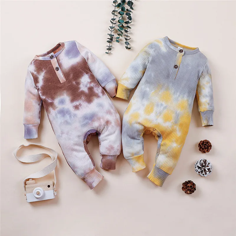 

0-18M Newborn Baby Boy Girl Rompers Tie-Dye Printed Long Sleeve Button Knit Jumpsuit One Pieces35