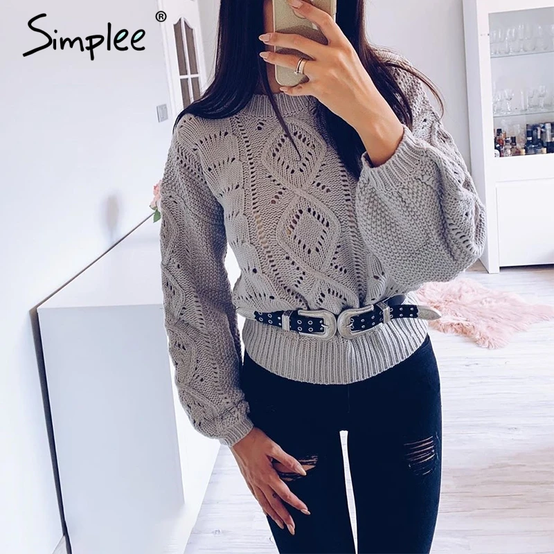 Simplee Autumn winter women knitted sweater Elegant lantern sleeve thick female sweater Hollow out fashion ladies sweater