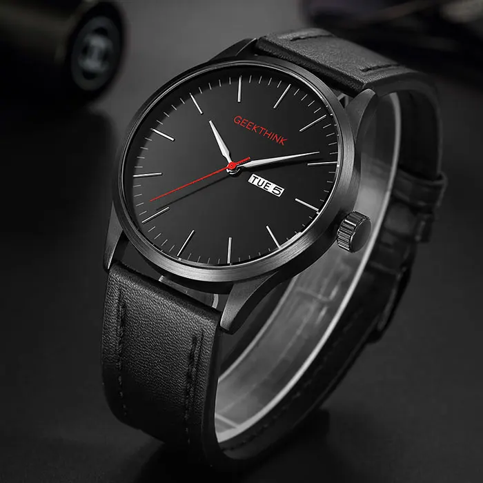 Geekthink военные японские кварцевые часы для мужчин модные повседневные Роскошные Лидирующий бренд Мужские часы Мужские Аналоговые Дизайнерские наручные часы с датой - Цвет: Leather Black