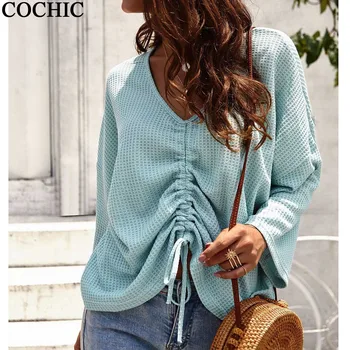 

Women Autumn V Neck Drawstring Knit Batwing Long Sleeve Shirt Solid Color loose Streetwear Tops