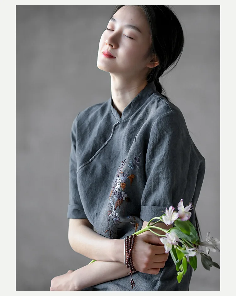 19 костюмное платье пеньковая и льняная вышивка Cheongsam китайский стиль платье халат 90876 - Цвет: Бирюзовый