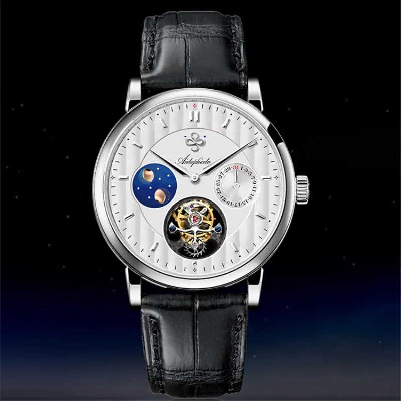 Большой Moon Phase Tourbillon механические часы для мужчин сапфир календарь часы Настоящее st8007 крокодиловая кожа мужские s наручные часы Мода - Цвет: Silver Black