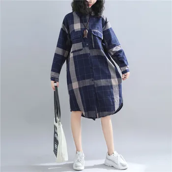 

plaid shirts turn-down collar loose pocket lady female blouse loose irregular lady elegant cardigan outwear tops