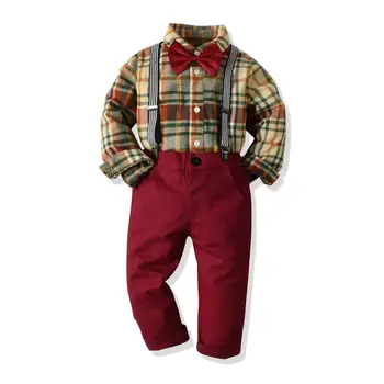 

2020 Childrens Suits For Infant Boy Plaid Shirt + Red Pant + Bow 3 Pieces Boy Child Costume For Party For 1-6 Years Old