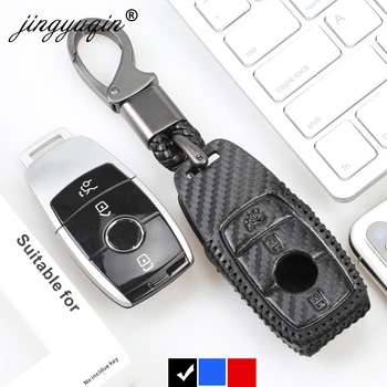 

jingyuqin Fiber Carbon Leather Cover Fob 3 Buttons Key Case For Mercedes Benz E300 E300L W213 E200 E200L E Class 2018 2017 2016