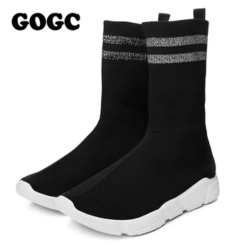 

GOGC Summer Woman Sneakers ladies flats Sock platform Flying Weaving Casual Shoes for Women High Top Shoes Women Flat Shoe G801