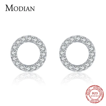 Silver Simple Round Stud Earrings for Women Shining CZ Geometric